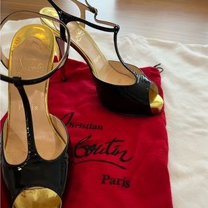 Christian Louboutin black shoes gold heels GORGEOUS